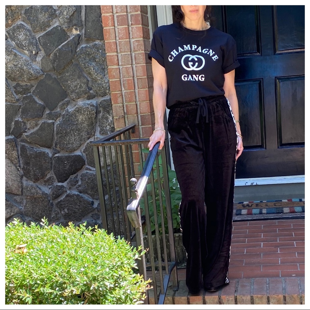 BLACK VELVET WIDE LEG PANTS W/LEOPARD SIDE TRIM - Picture 12 of 16